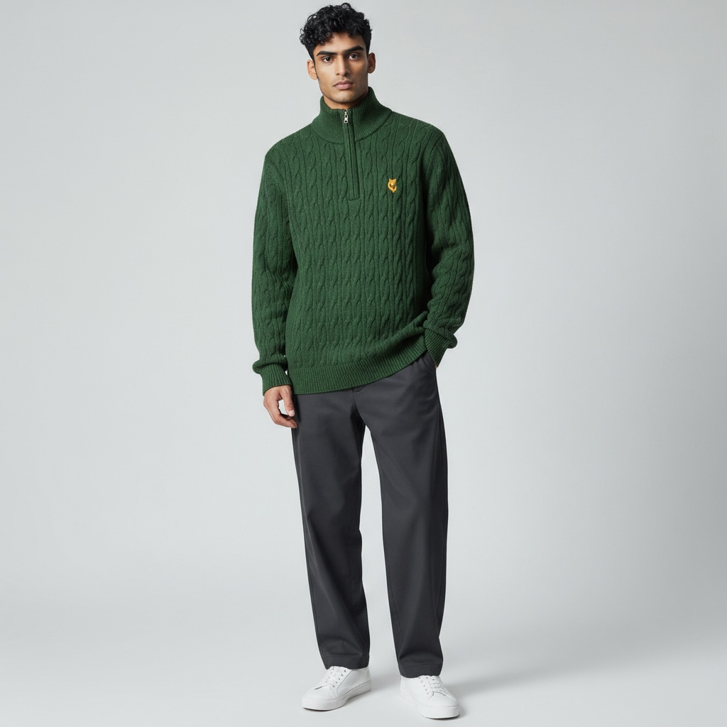 FUXY Cable Knit Half-Zip – Forest Green Edition