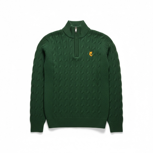 FUXY Cable Knit Half-Zip – Forest Green Edition